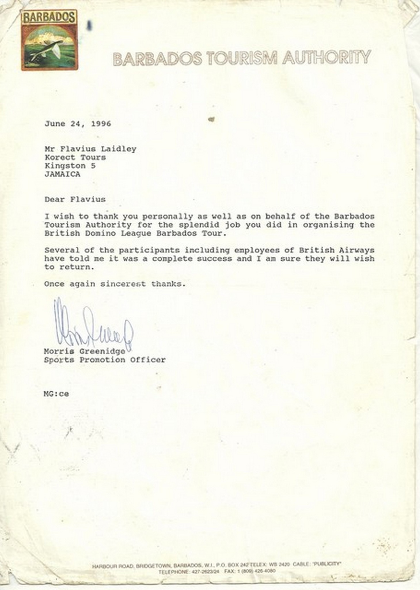 Barbados Tourism Authority letter