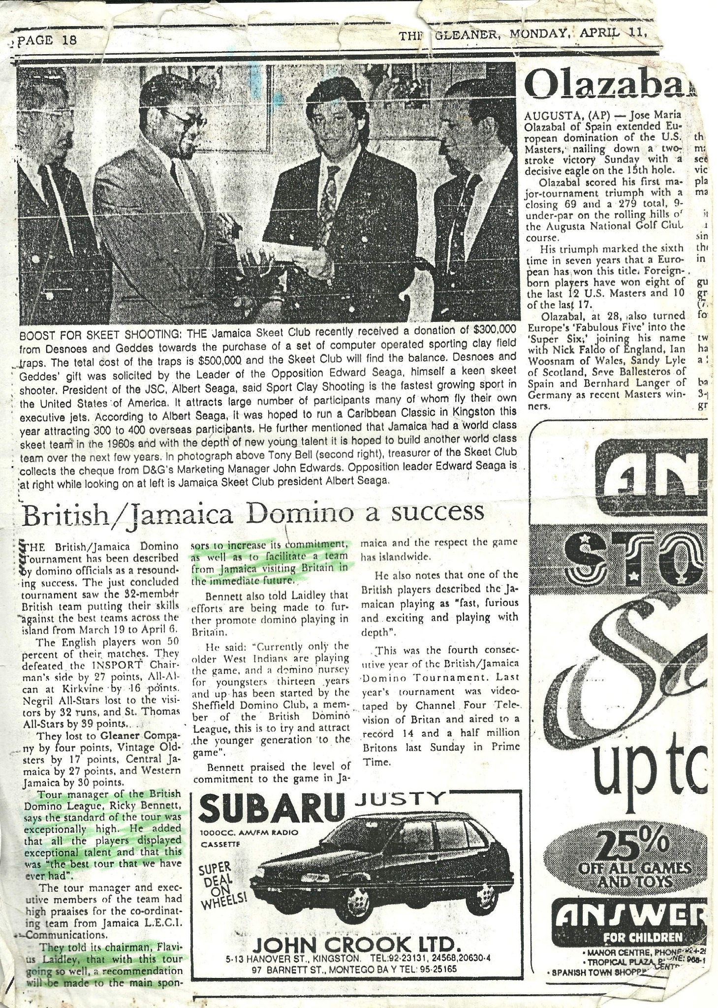 Gleaner sports page showing The Domino Effect and 1993 coverage